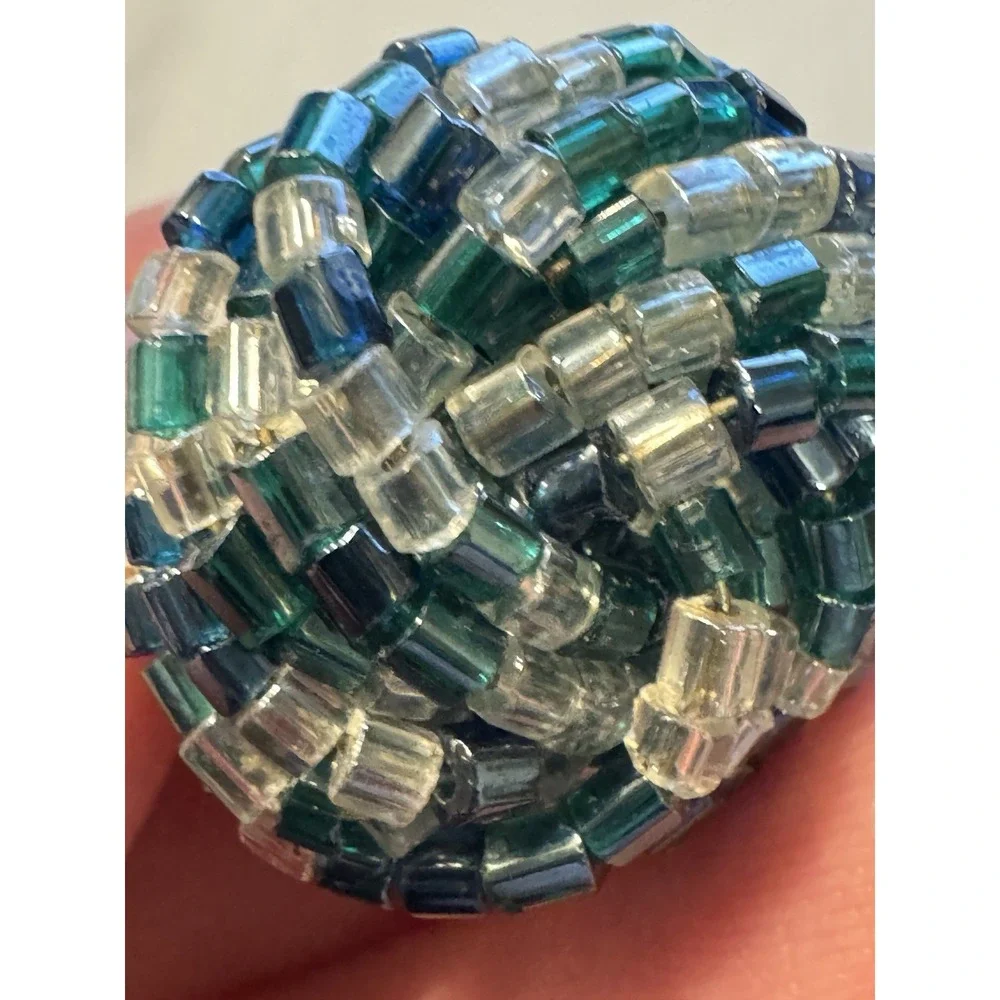 Vintage Teal Navy Blue Glass Beaded Cluster‎ Clip On Button Earrings Woven Domed